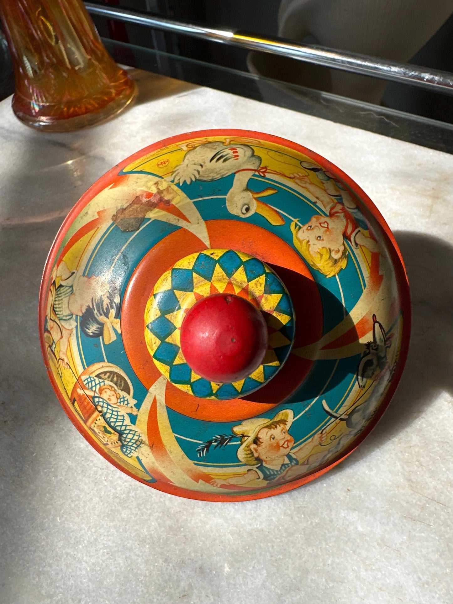 Mnn Tin Spinning Tops with Wood Plunger, Vintage MNN Spinning Top – Made in Western Germany – Retro Tin Toy Collectible