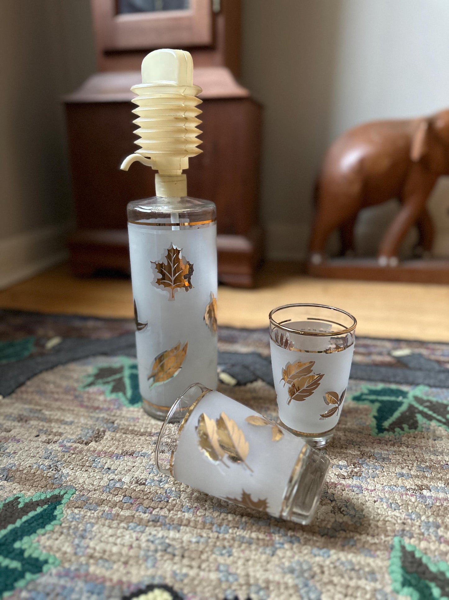 Libbey "Golden Foliage" Liquor Pump Dispenser MCM and Two Matching Cocktail Glasses | MCM Libbey Golden Foliage Cocktail Set | MCM Barware