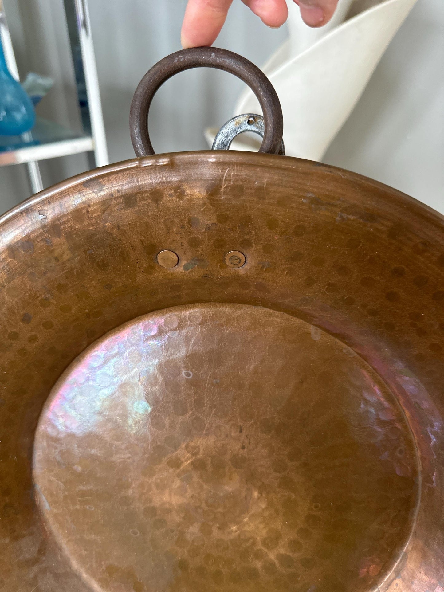 Large hand-hammered vintage Arts and Crafts copper plate tray or charger w Ring for Hanging, the early 20th century