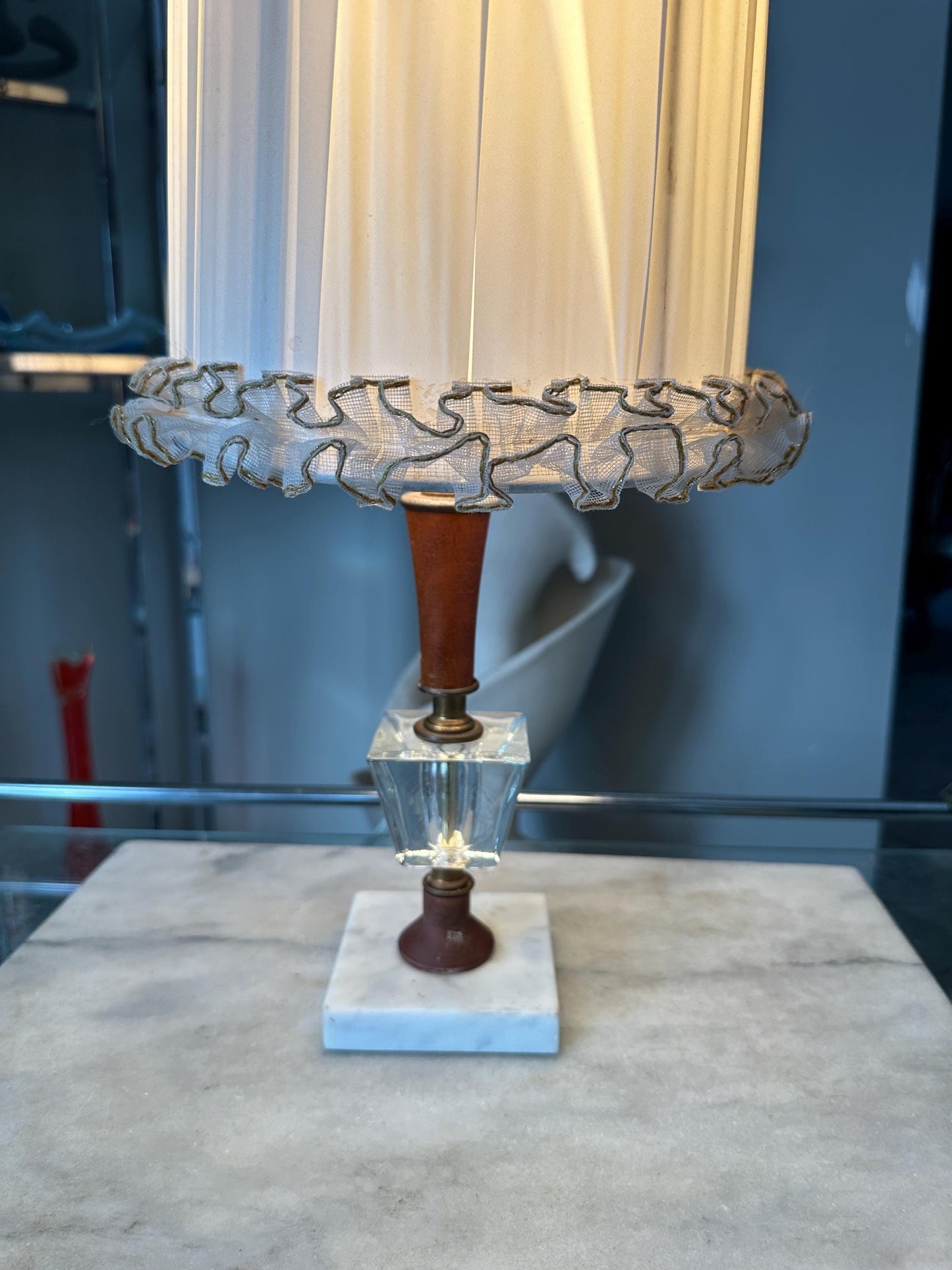 Mid Century Hollywood Regency Accent Lamp | Crystal and Wood Bourdoir Lamp Marble Base 12”