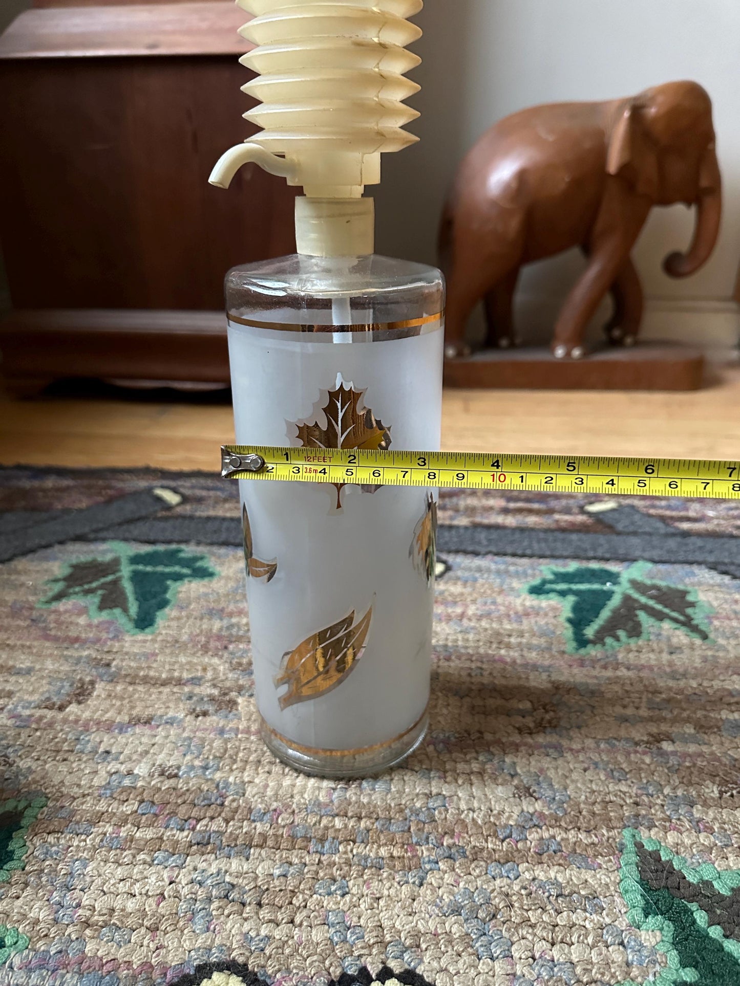 Libbey "Golden Foliage" Liquor Pump Dispenser MCM and Two Matching Cocktail Glasses | MCM Libbey Golden Foliage Cocktail Set | MCM Barware