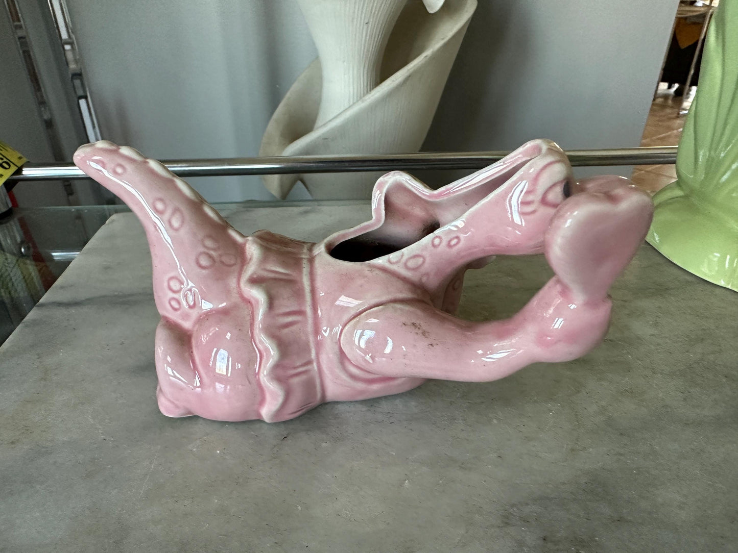 Adorable Pink Dinosaur Planter | Vintage Pink Dinosaur with Mirror and Brush Succulent Planter