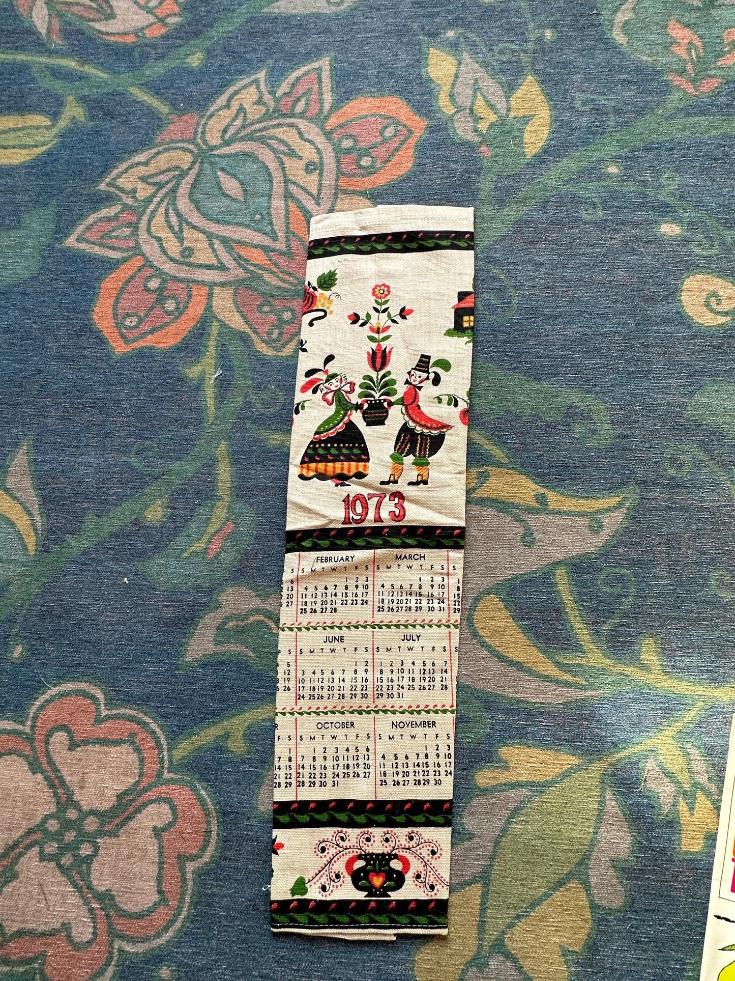 1973 Calendar Parisian Prints Vtg Linen Towel Kitchen Pa Dutch UNUSED 50+ Yrs Old, New Old Stock, Original Package