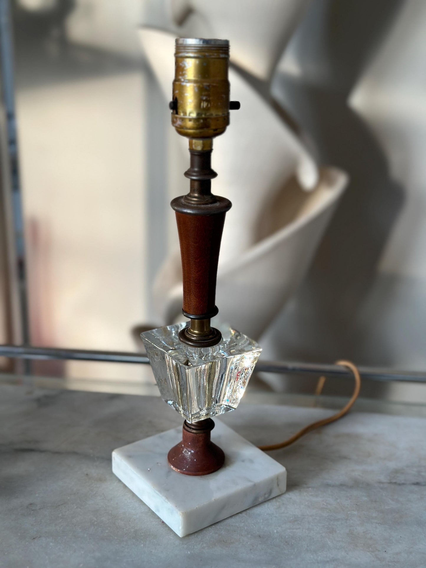 Mid Century Hollywood Regency Accent Lamp | Crystal and Wood Bourdoir Lamp Marble Base 12”