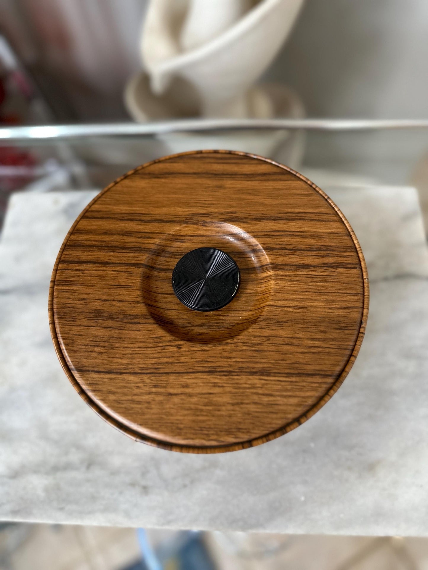 Wood Grain Ice Bucket, Round Guildcraft Ice Box, Vintage Insulated Countertop Storage Box, MCM Retro Barware, Metal Ice Holder