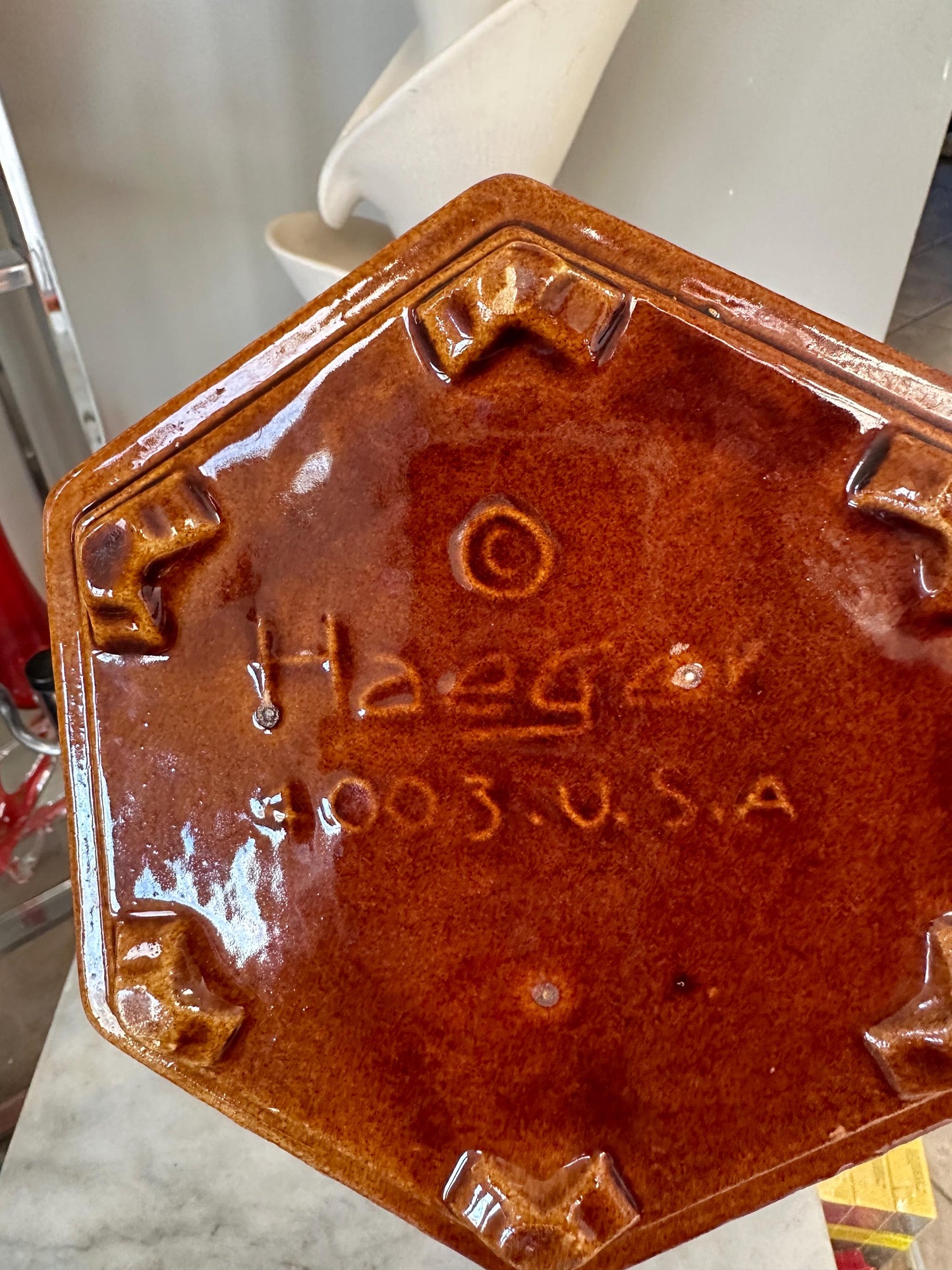 Haeger Pottery Planter #4003 USA, Hexagonal Brown Variegated Drip Glaze Pot, 6 Sided Pottery, 3.5” T x 9” W