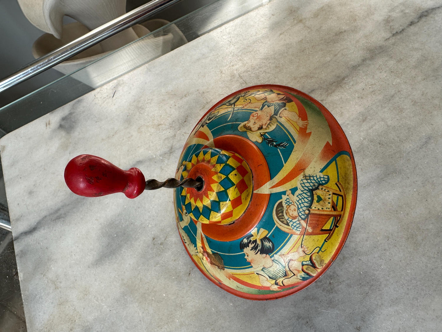 Mnn Tin Spinning Tops with Wood Plunger, Vintage MNN Spinning Top – Made in Western Germany – Retro Tin Toy Collectible