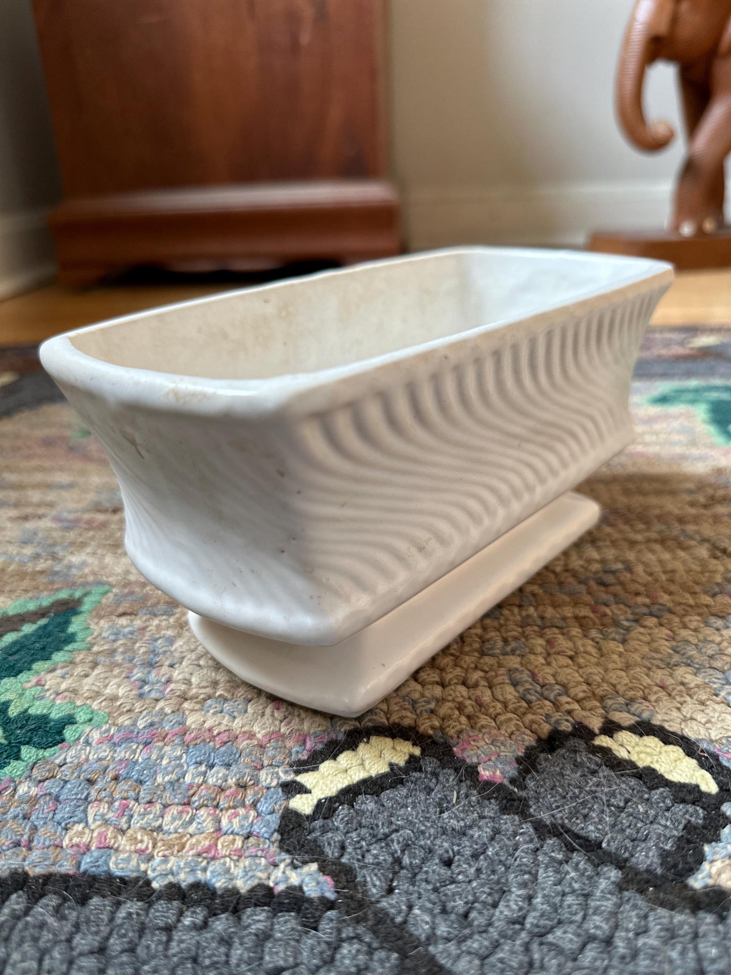 McCoy White Rectangular Pedestal Planter Swirl Design Vintage Pottery