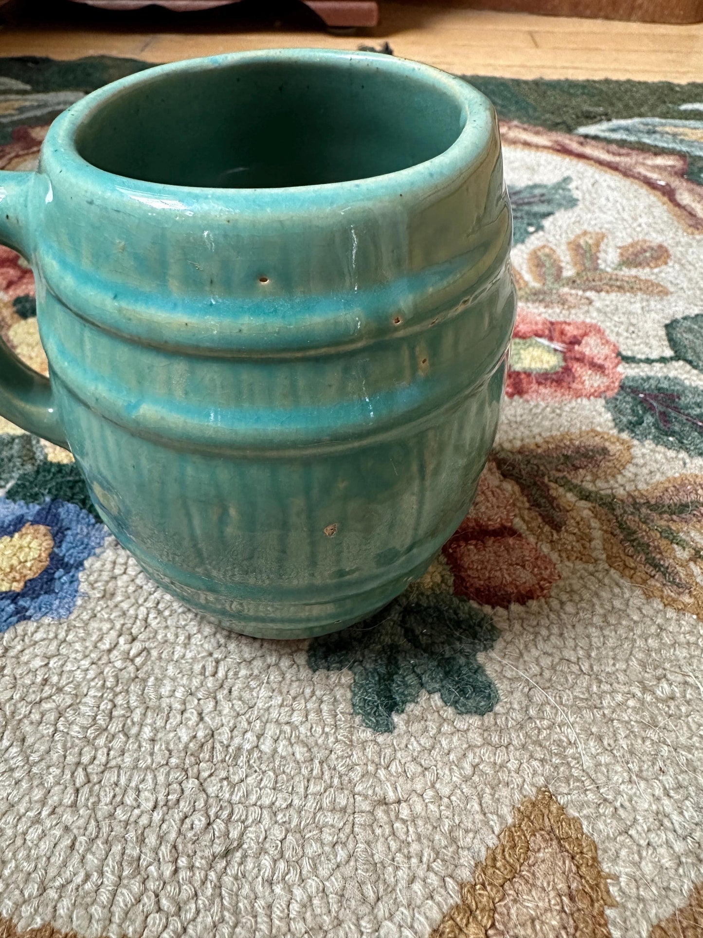 McCoy Pottery Barrel Coffee Mug Green Glaze Marked with a 4 in shield on bottom