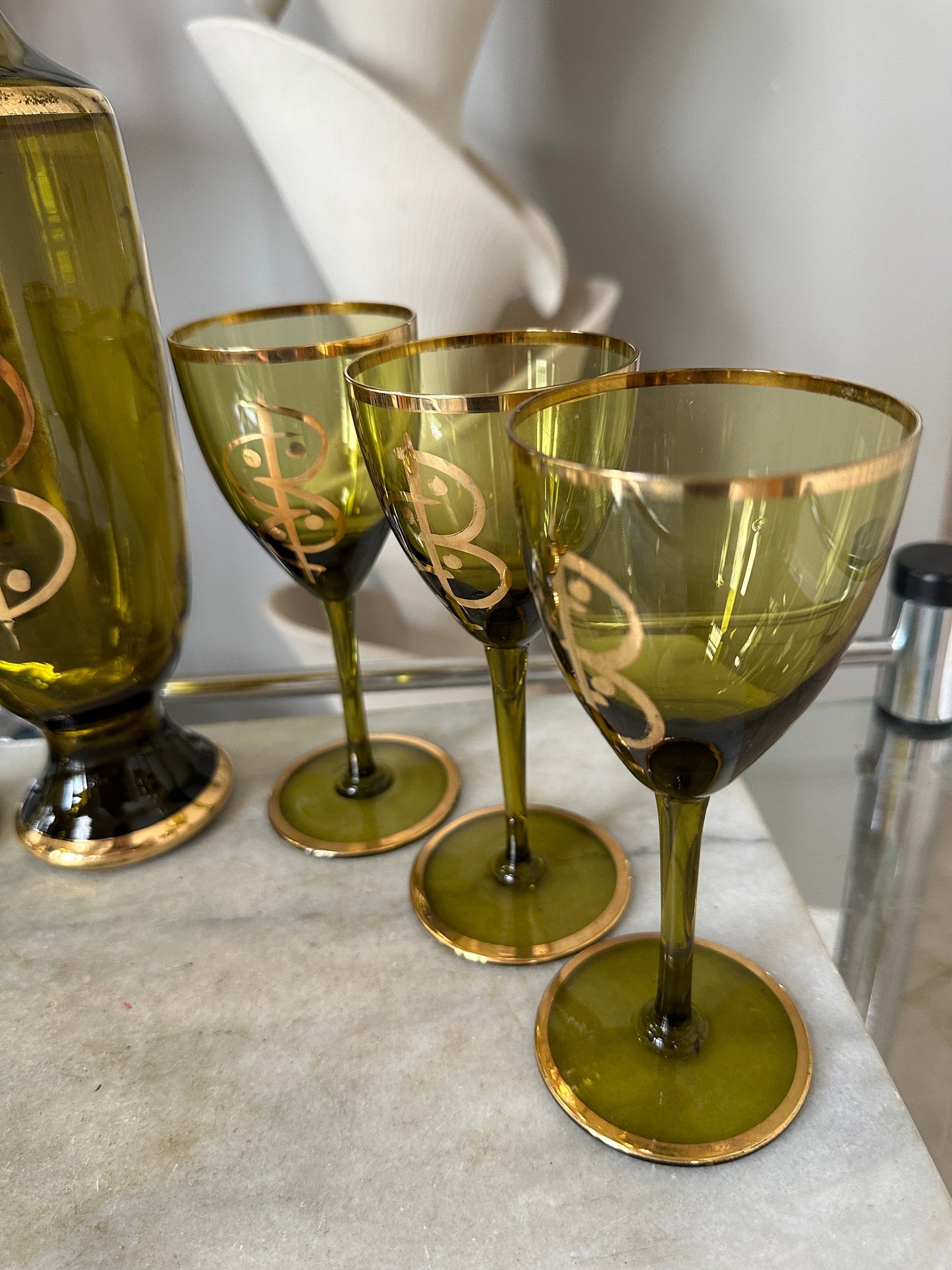Gilt Amber Glass Vintage Decanter and Glasses Set - Set of 6 - MCM Ambet Gladd Decanter Set