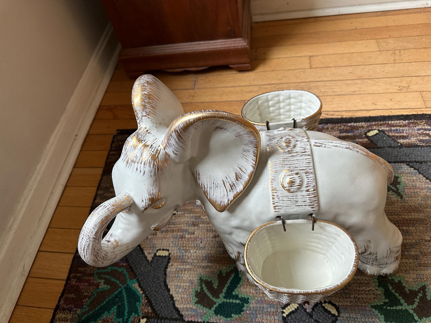 Haeger Elephant Planter | MCM Jumbo Haeger Elephant Planter | White and Gold 18” | USA Art Pottery