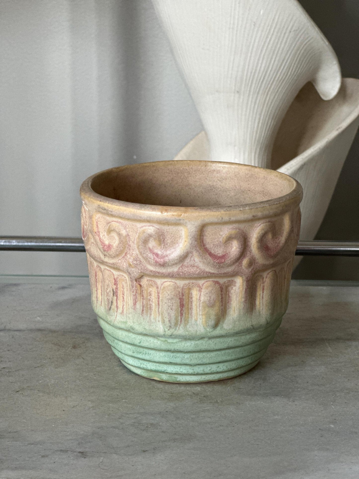 McCoy 6 1/4" Pottery Planter Jardinere Soft Pink Tan Green Early Shield 15 Mark