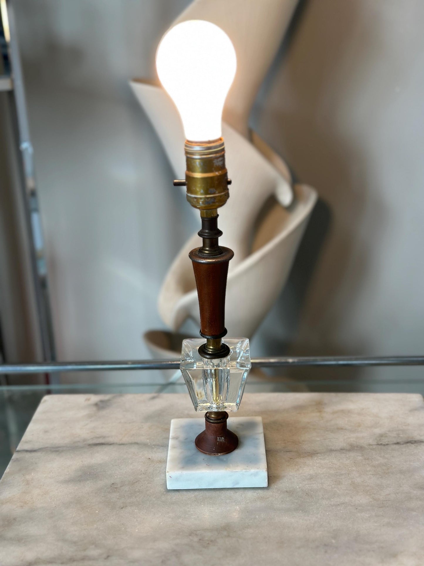 Mid Century Hollywood Regency Accent Lamp | Crystal and Wood Bourdoir Lamp Marble Base 12”