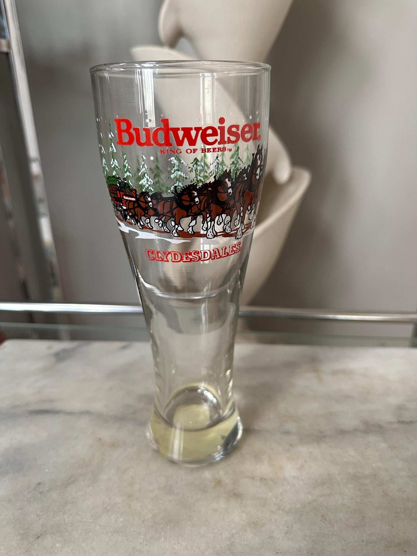 Budweiser Pilsner Fluted Beer Glass Clydesdale Horse Wagon Vintage 1989 - 20 Oz