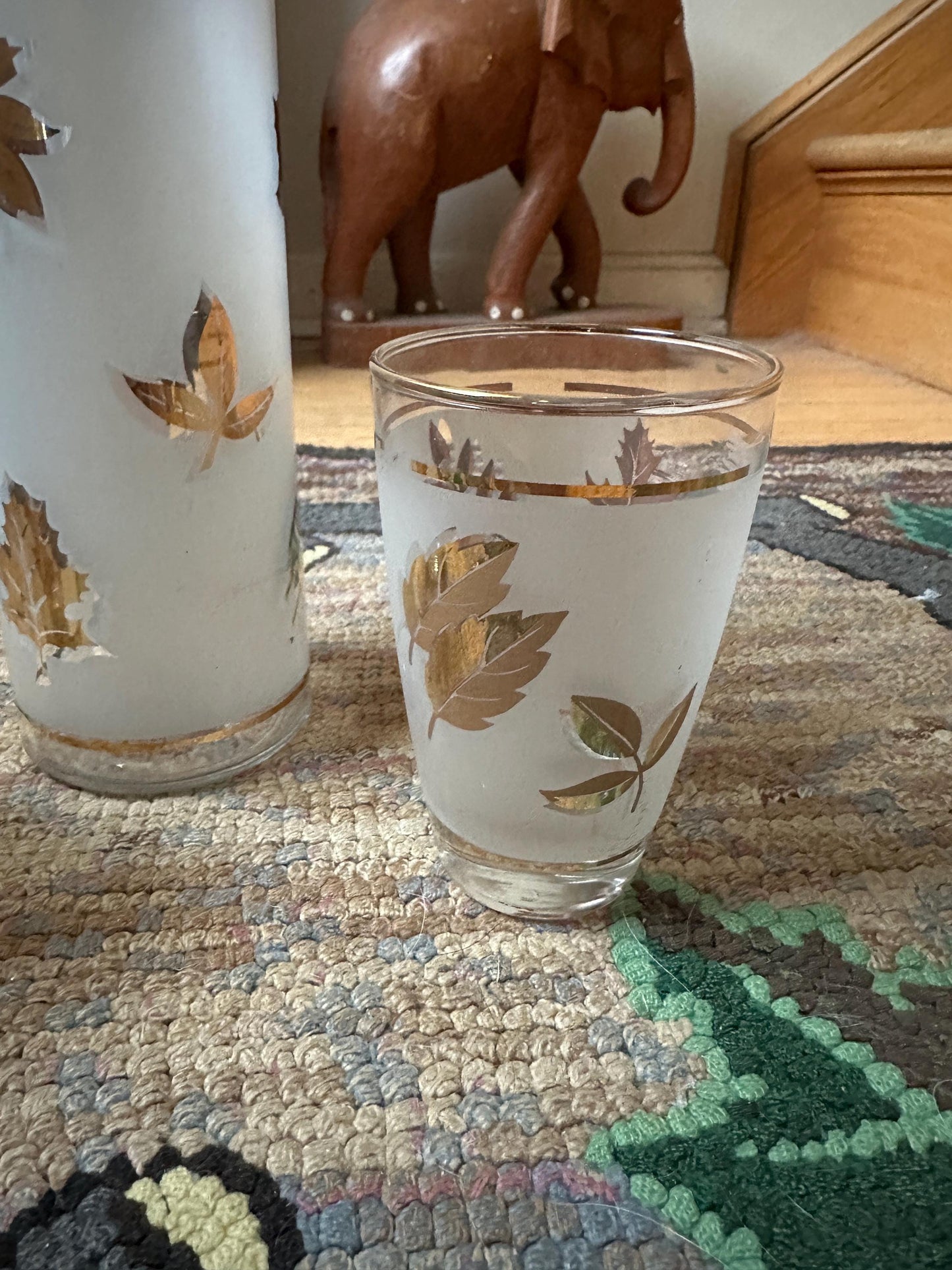 Libbey "Golden Foliage" Liquor Pump Dispenser MCM and Two Matching Cocktail Glasses | MCM Libbey Golden Foliage Cocktail Set | MCM Barware
