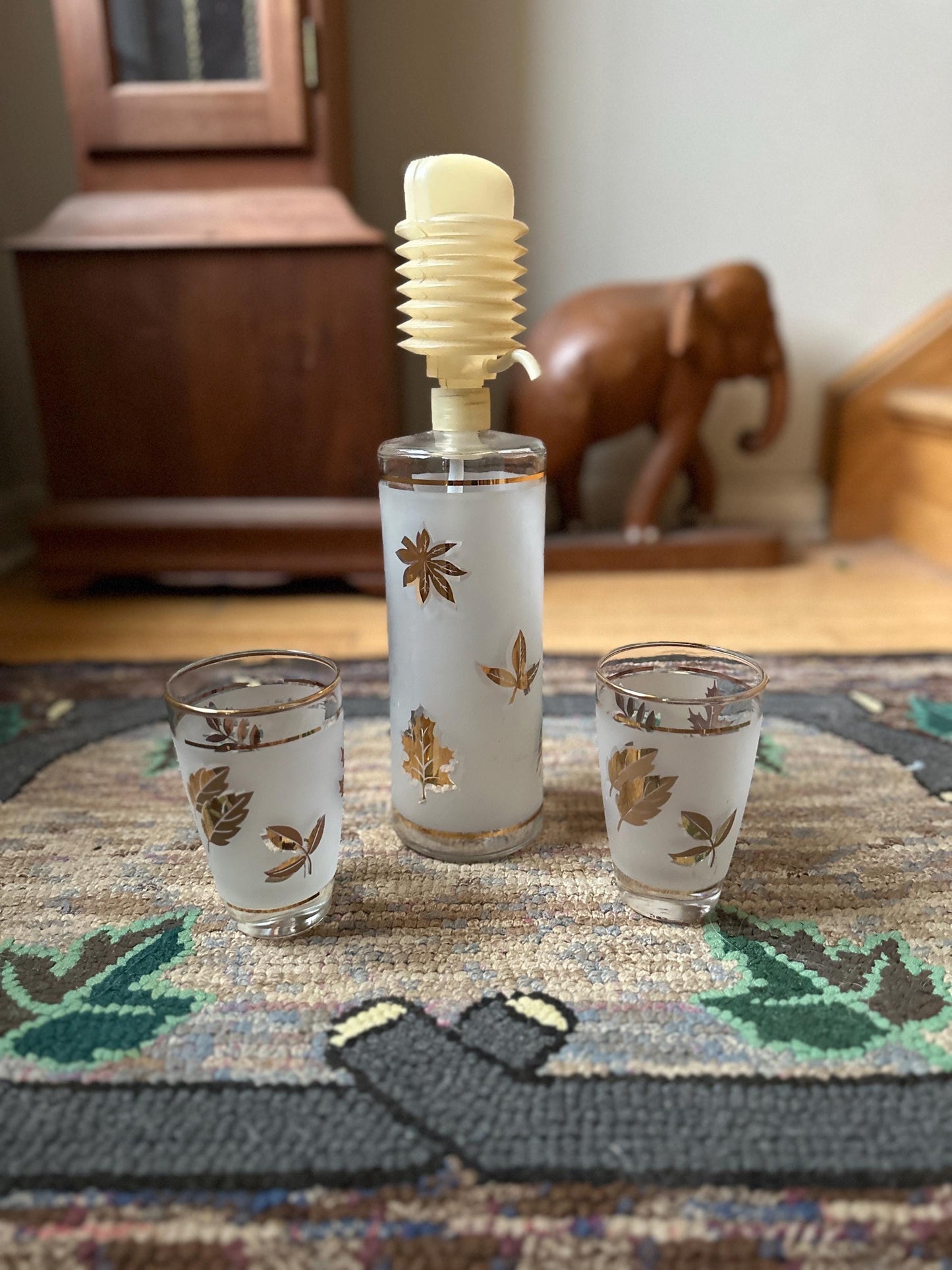 Libbey "Golden Foliage" Liquor Pump Dispenser MCM and Two Matching Cocktail Glasses | MCM Libbey Golden Foliage Cocktail Set | MCM Barware