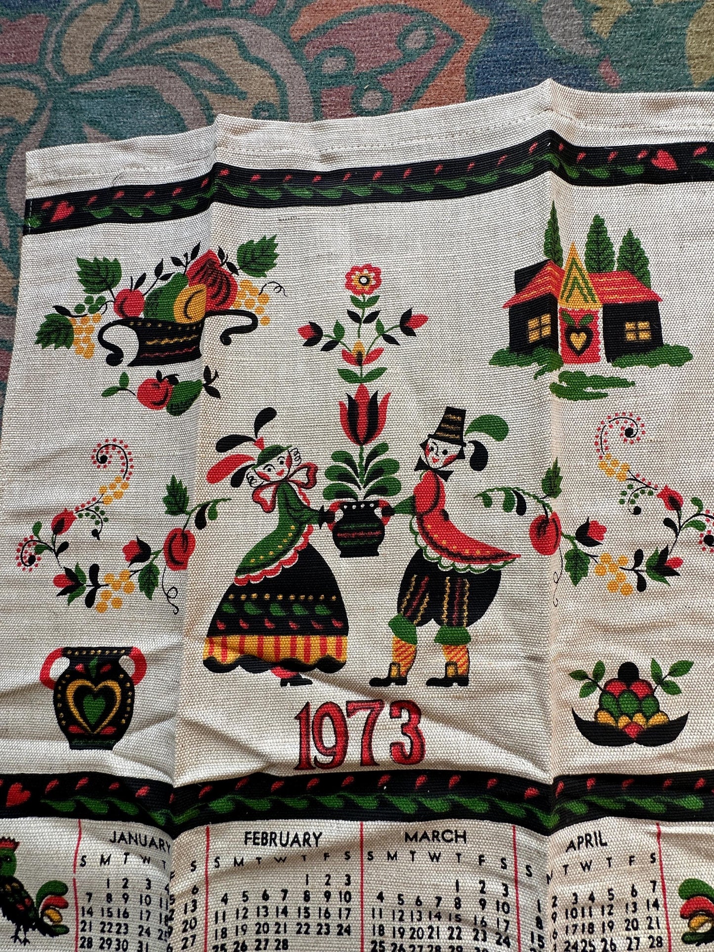 1973 Calendar Parisian Prints Vtg Linen Towel Kitchen Pa Dutch UNUSED 50+ Yrs Old, New Old Stock, Original Package