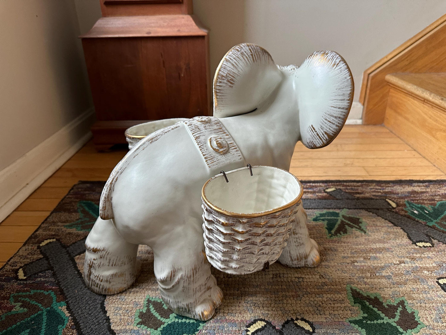Haeger Elephant Planter | MCM Jumbo Haeger Elephant Planter | White and Gold 18” | USA Art Pottery