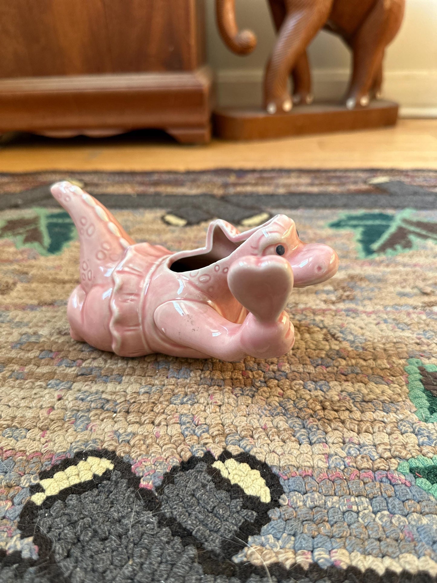 Adorable Pink Dinosaur Planter | Vintage Pink Dinosaur with Mirror and Brush Succulent Planter