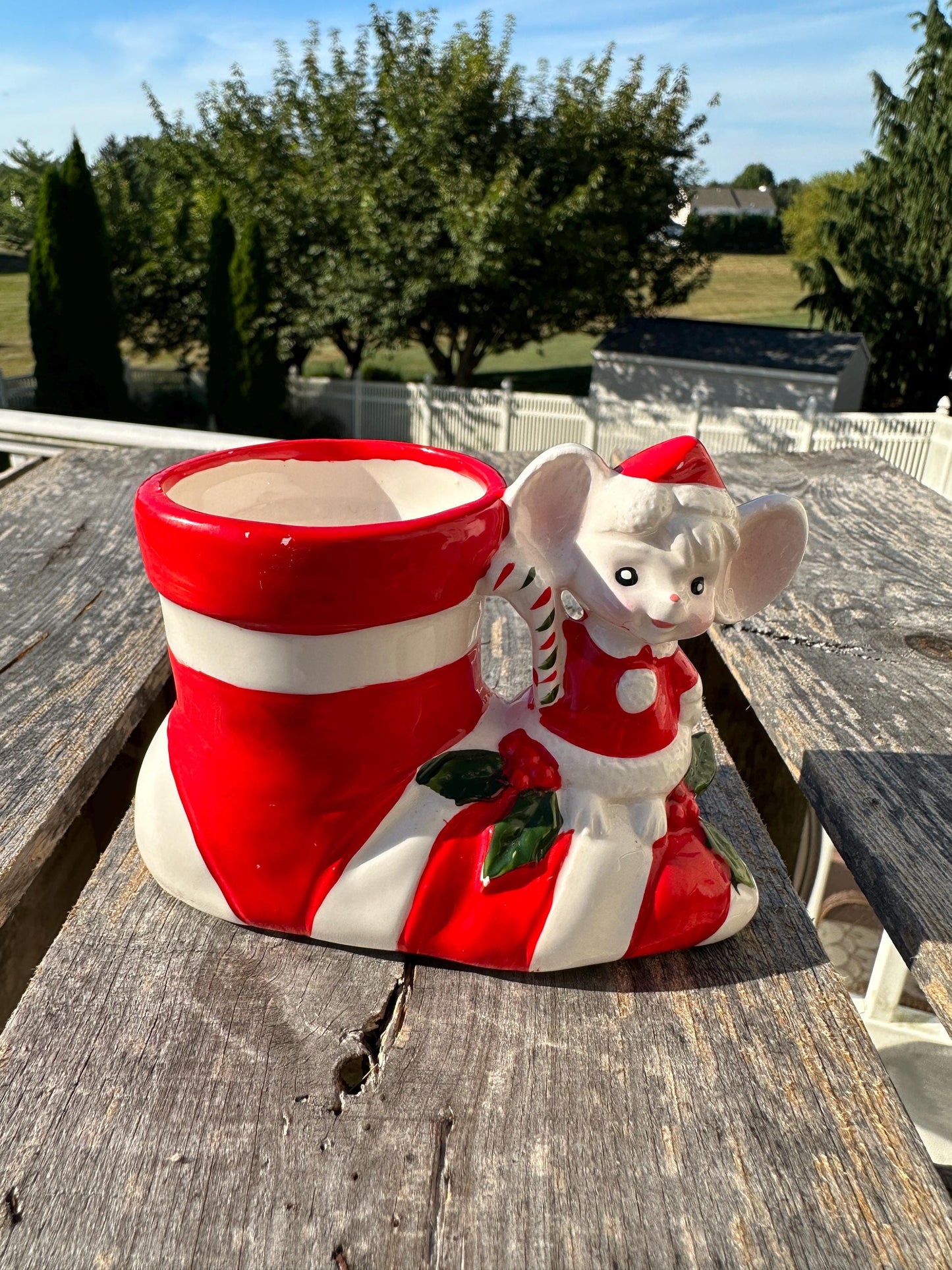 Vintage Santa Boot Planter, Christmas Mouse Ceramic Vase, Xmas Kitsch