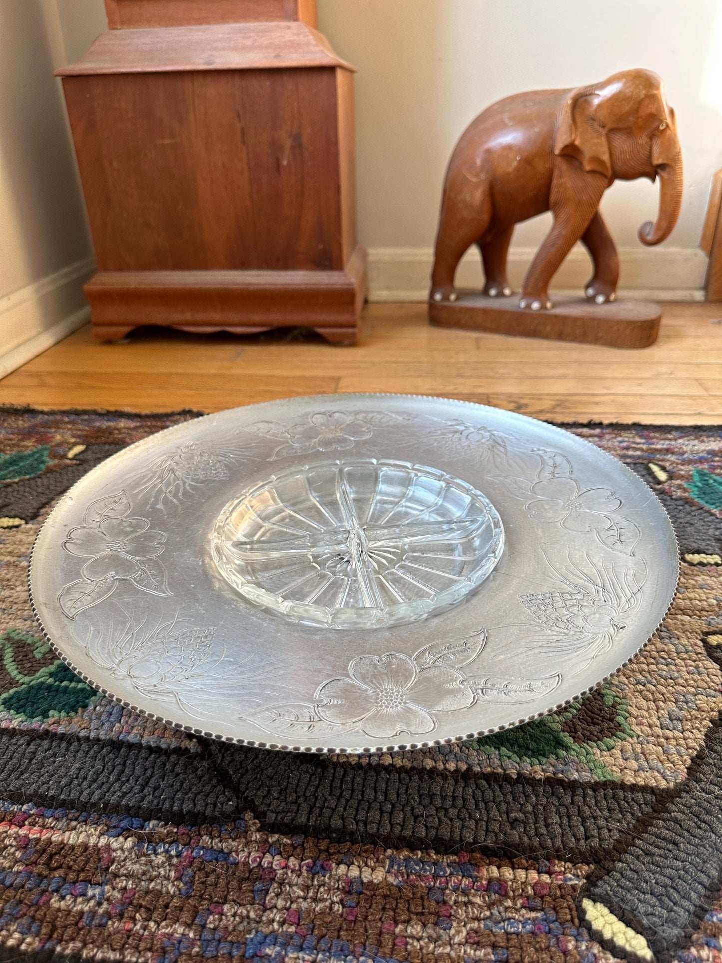 Vintage Wilson Specialties Lazy Susan: Hand-Wrought Aluminum & Divided Glass
