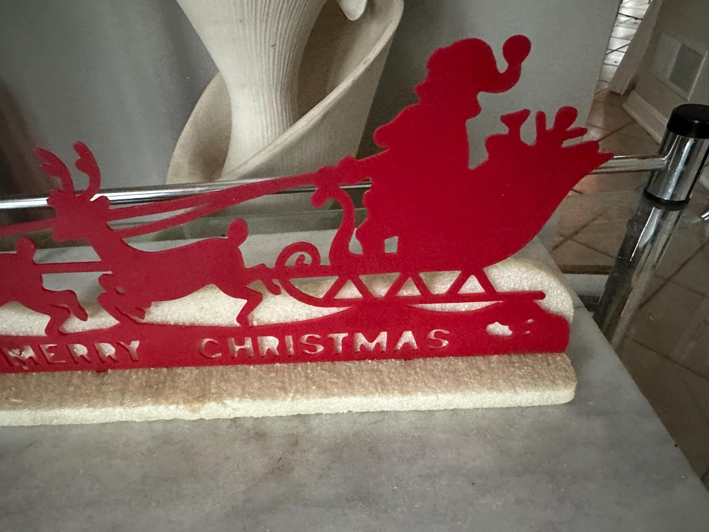 Vintage Kitschy Christmas Sign | Santa Sleigh and Reindeer |