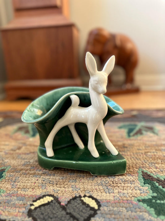 Vintage 1950s Mid-Century Deer Planter: Green Drip Glaze Vase