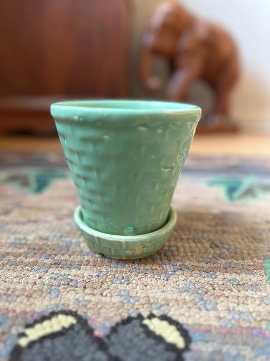 Morton Pottery turquoise basketweave 5 inch planter with saucer
