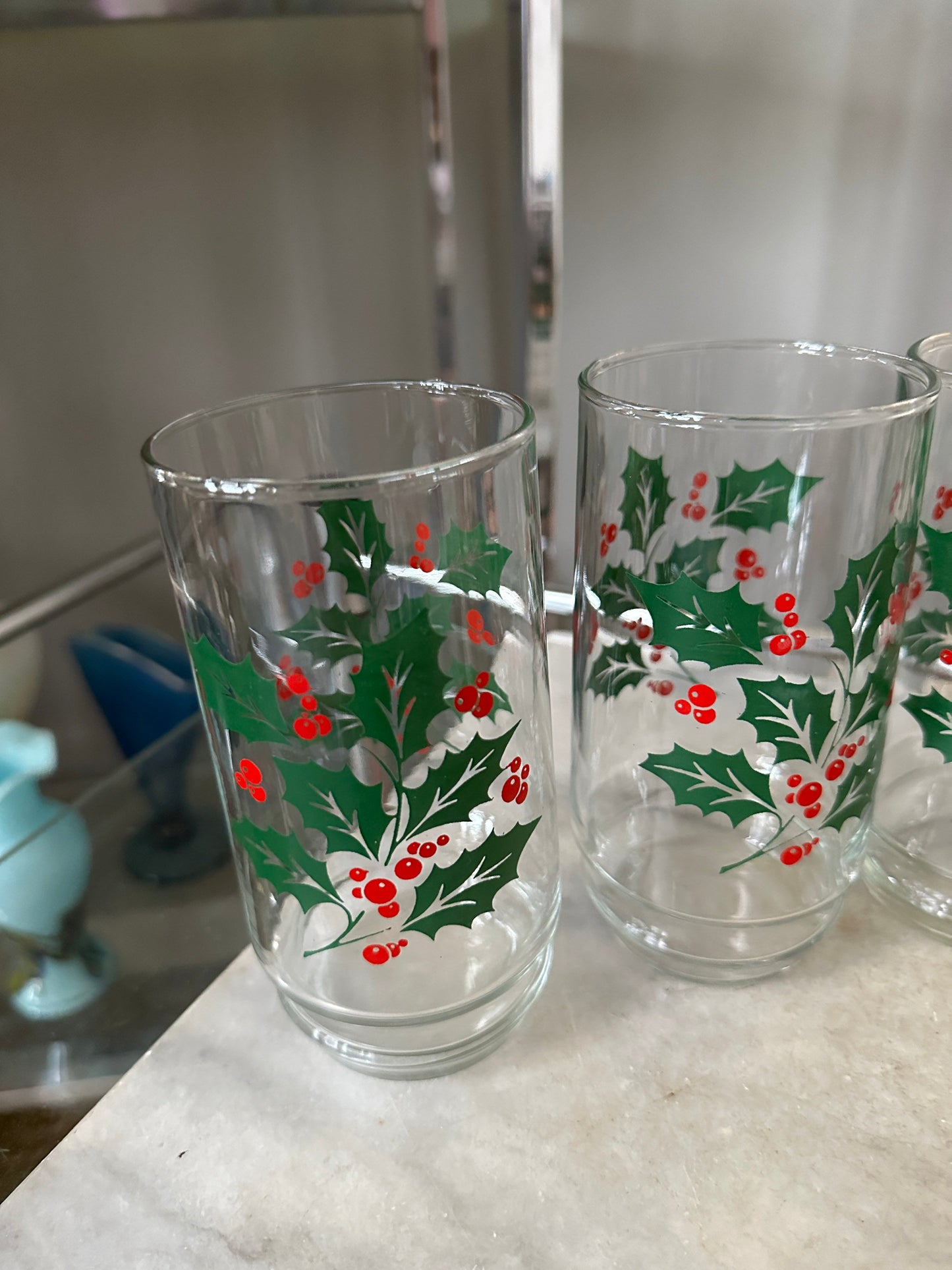 Vintage Indiana Glass Christmas Holly Berry Set: Punch Bowl & Tumblers