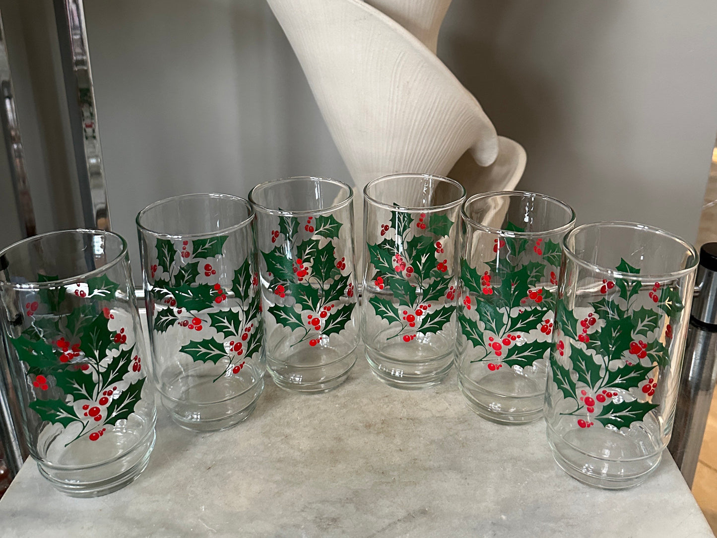Vintage Indiana Glass Christmas Holly Berry Set: Punch Bowl & Tumblers