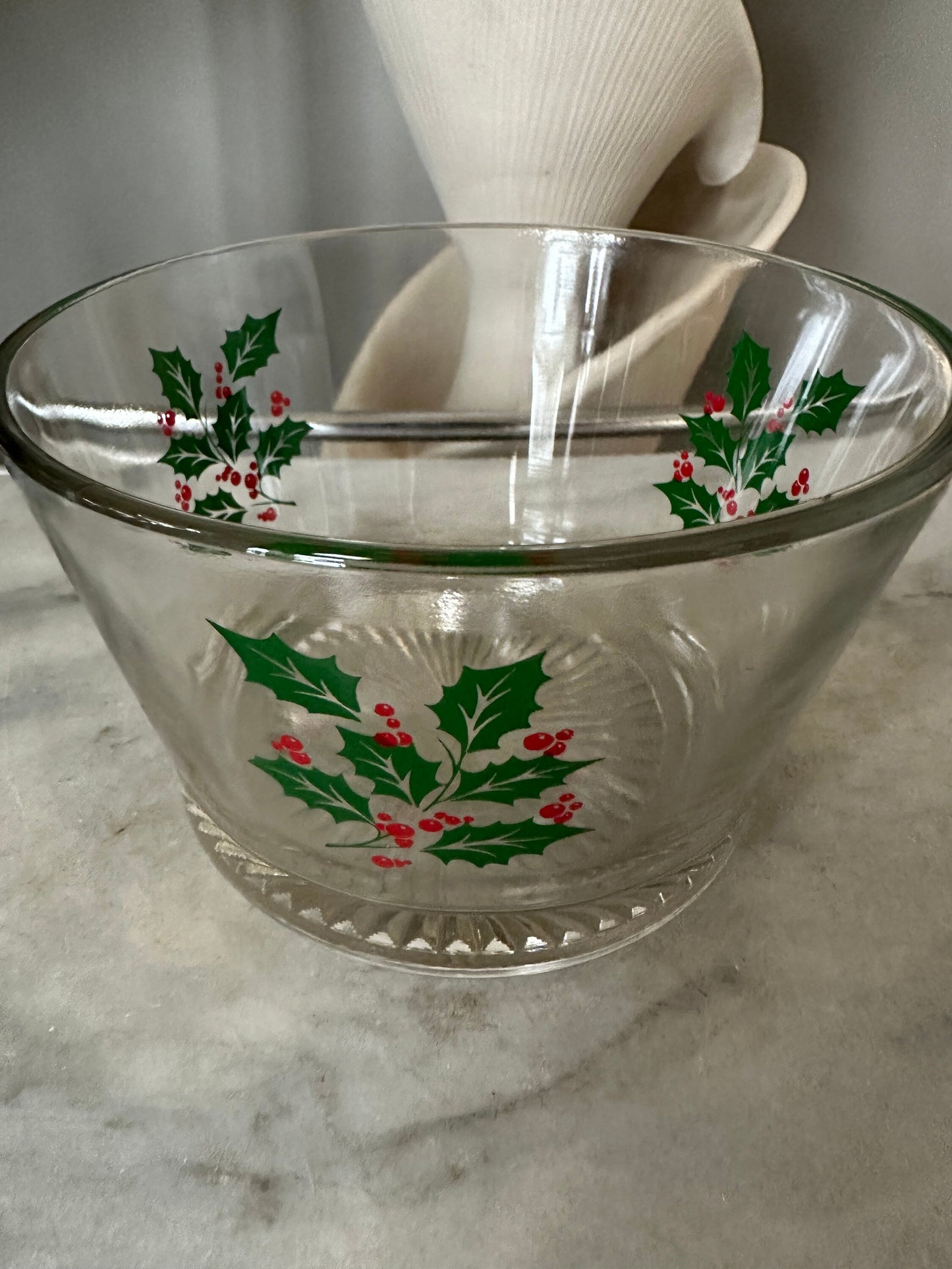 Vintage Indiana Glass Christmas Holly Berry Set: Punch Bowl & Tumblers