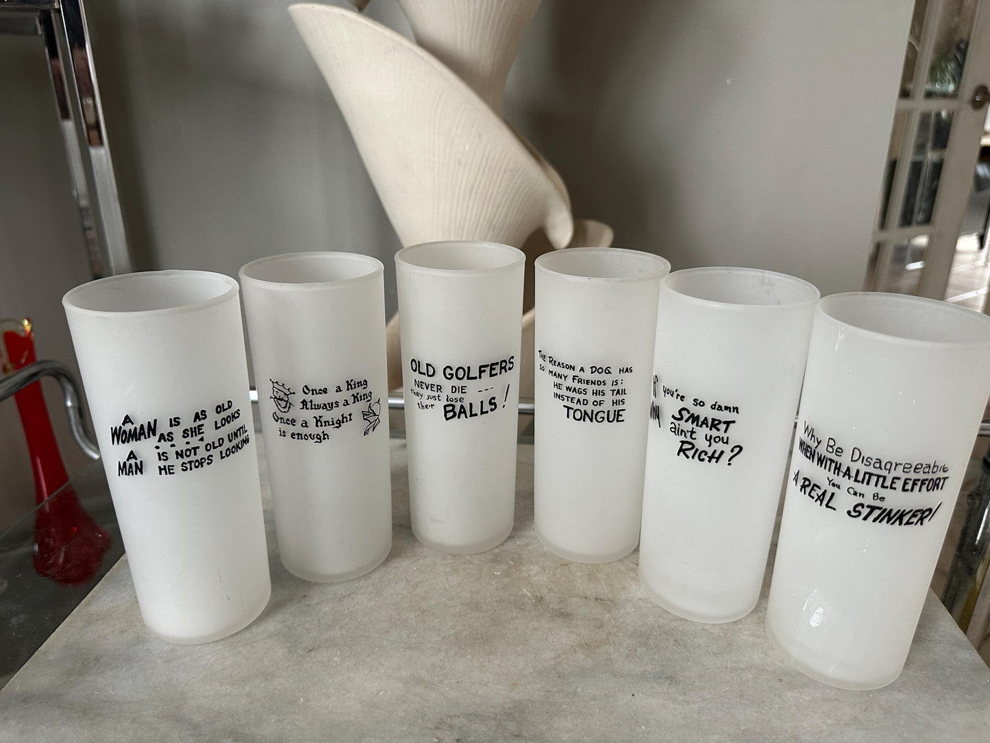 MCM Frosted Tom Collins Glasses: Retro Joke Sayings, Set of 6