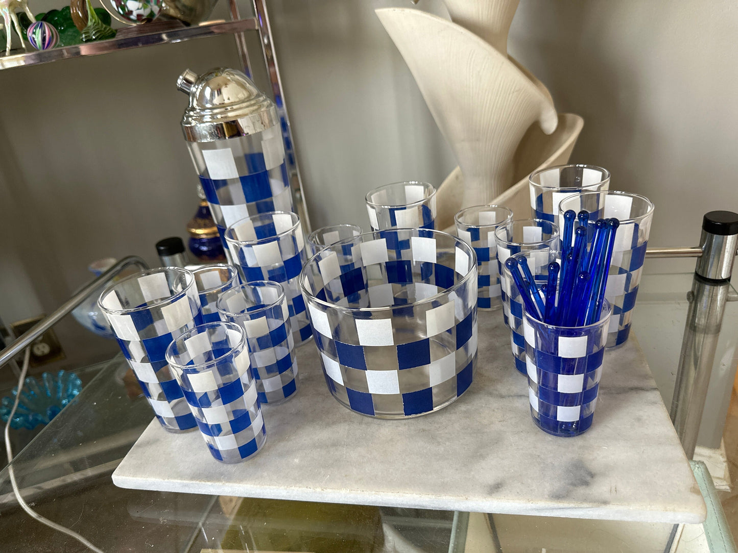 Vintage MCM Blue Checkered Cocktail Set – Retro Barware, Shaker, Tumblers