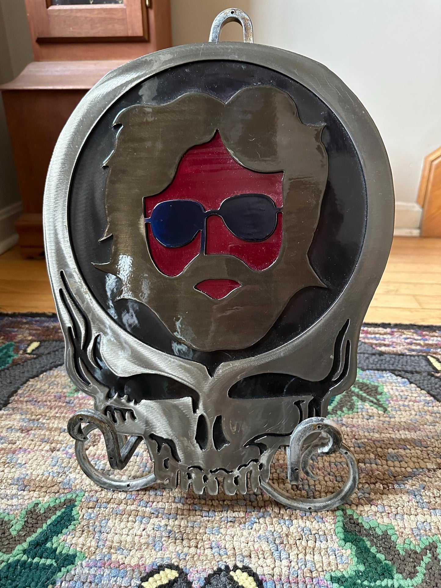 Grateful Dead-Inspired Jerry Garcia Metal Wall Art | Garcia in Iconic Grateful Dead Logo | 11.5"x15" | Coated Steel with Resin Finish