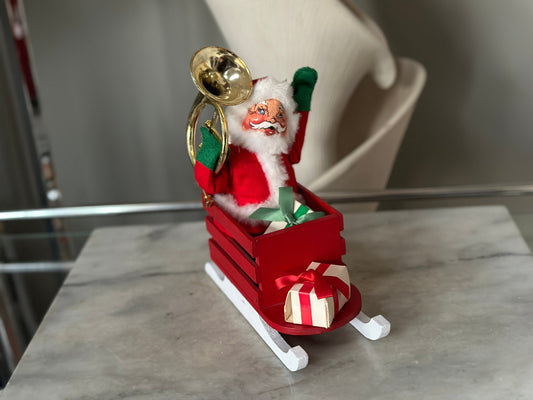 Vintage 1980’s Santa  in Wood Sleigh w/ Tuba Presents | Orogibal Tag Attached