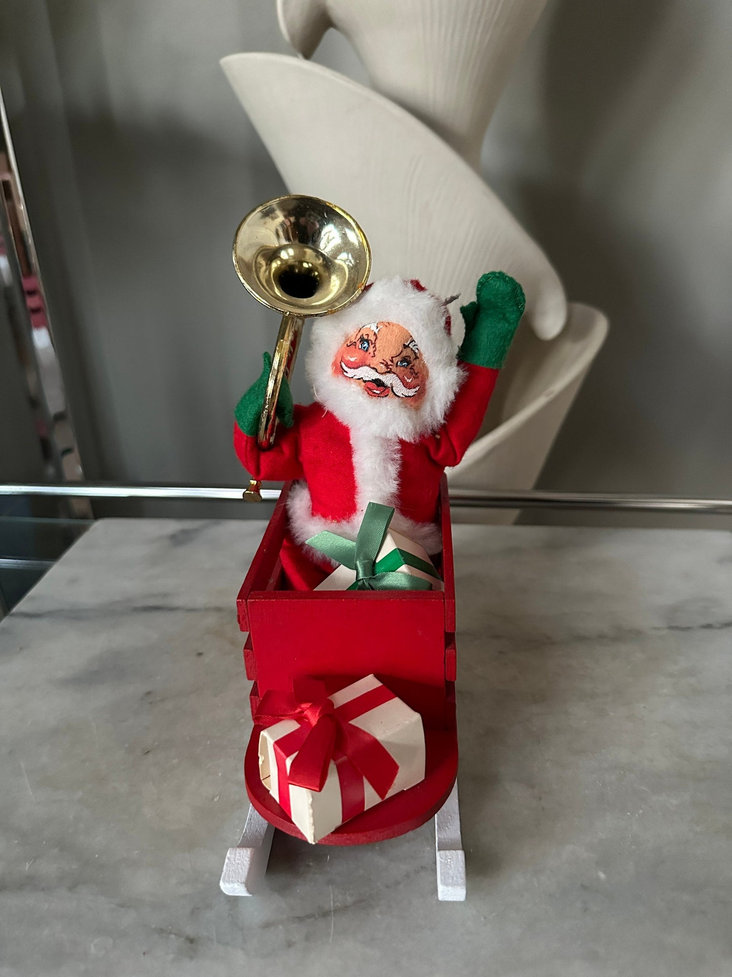 Vintage 1980’s Santa  in Wood Sleigh w/ Tuba Presents | Orogibal Tag Attached