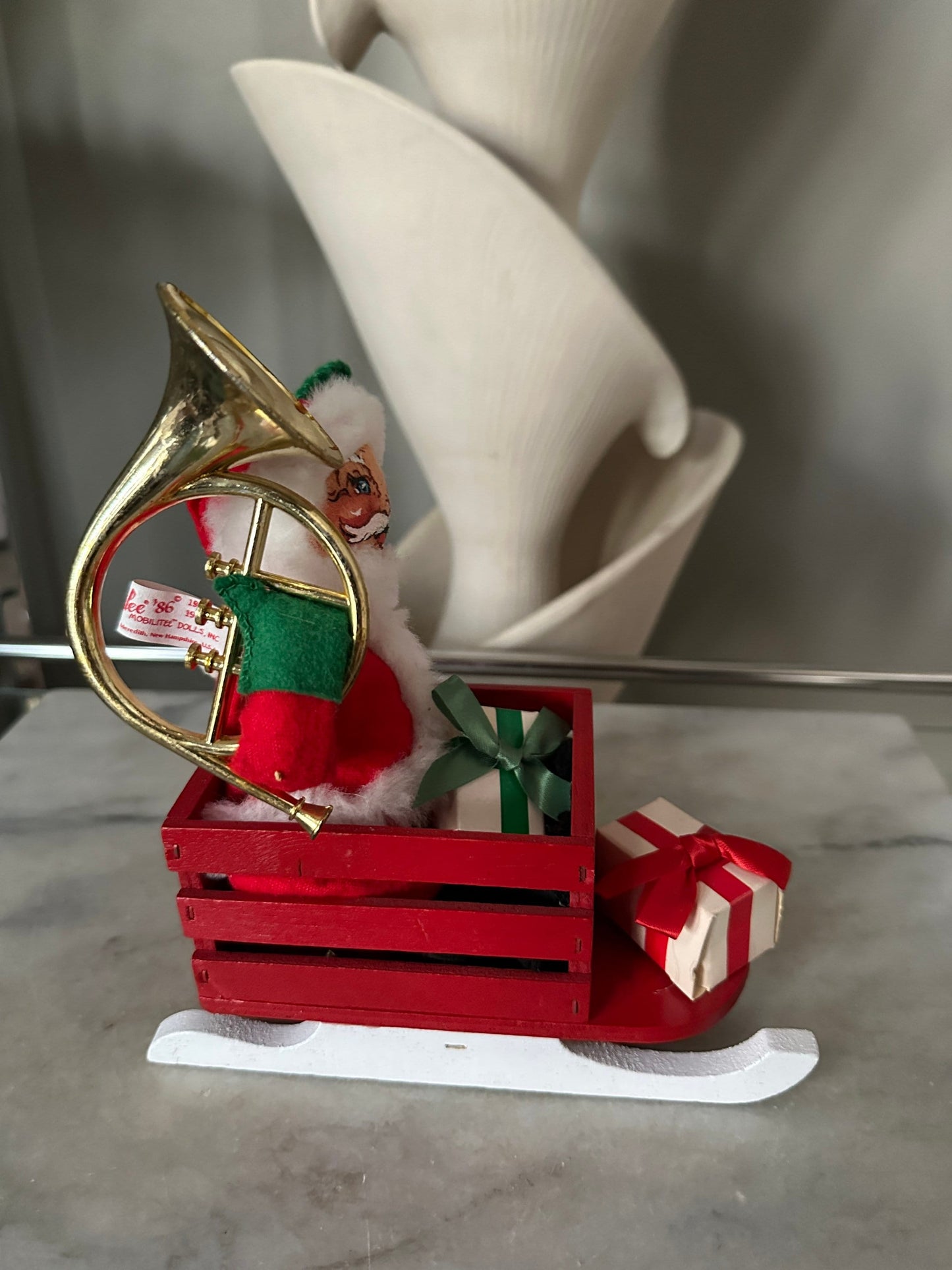 Vintage 1980’s Santa  in Wood Sleigh w/ Tuba Presents | Orogibal Tag Attached