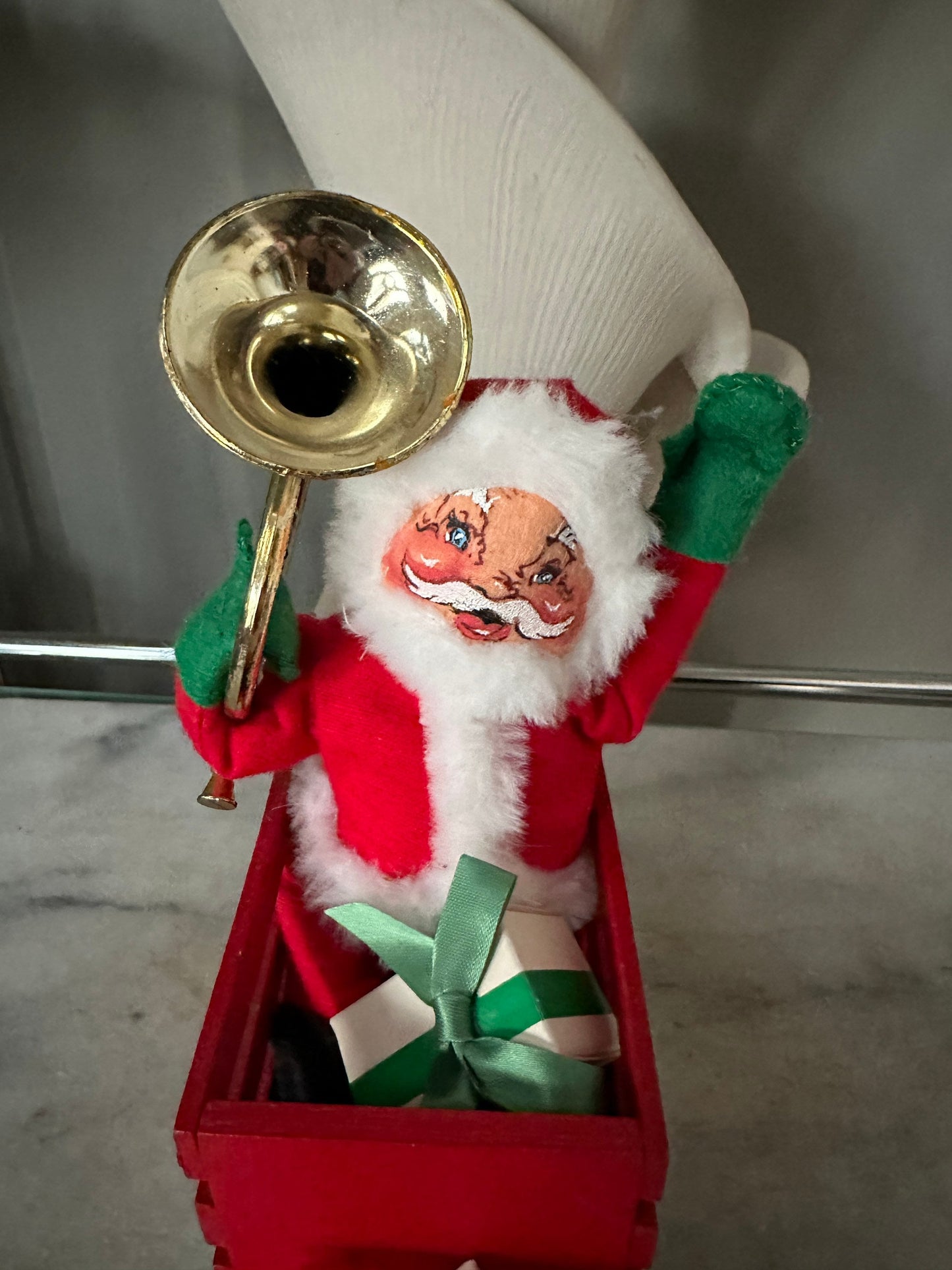 Vintage 1980’s Santa  in Wood Sleigh w/ Tuba Presents | Orogibal Tag Attached