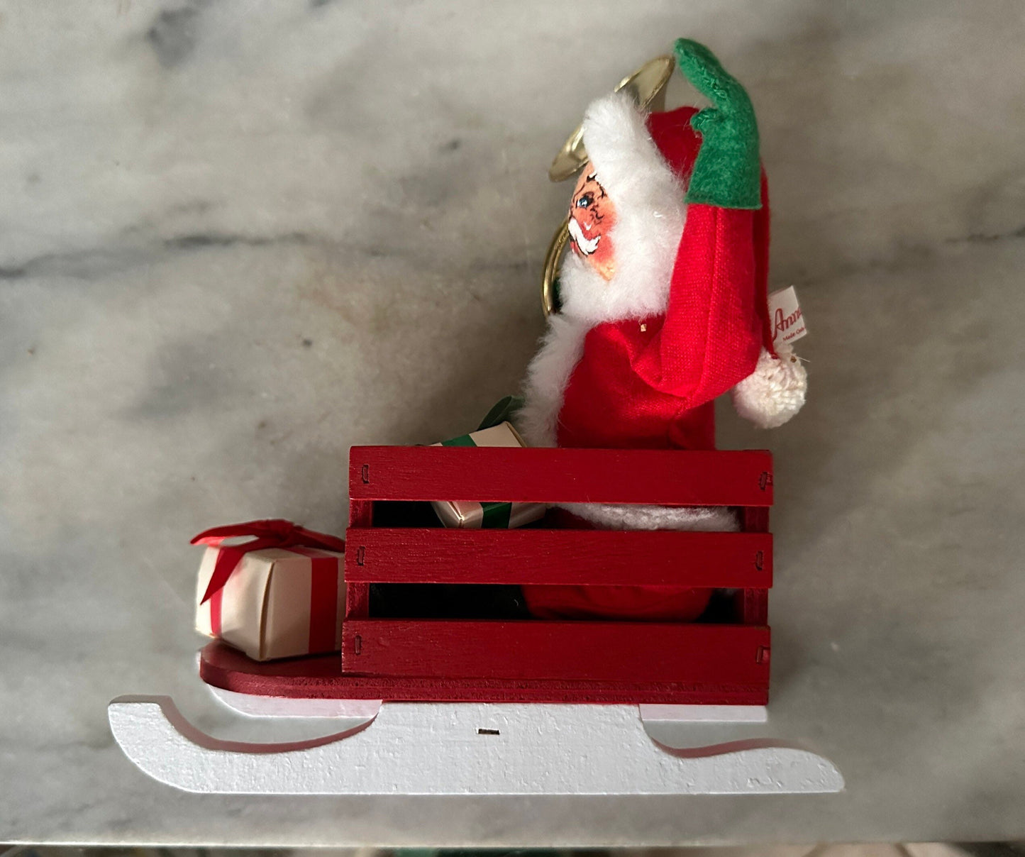 Vintage 1980’s Santa  in Wood Sleigh w/ Tuba Presents | Orogibal Tag Attached