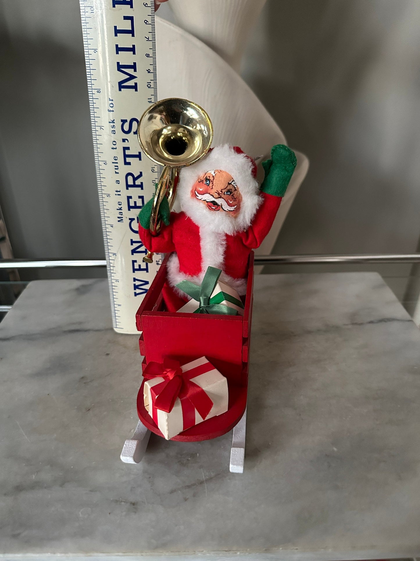 Vintage 1980’s Santa  in Wood Sleigh w/ Tuba Presents | Orogibal Tag Attached