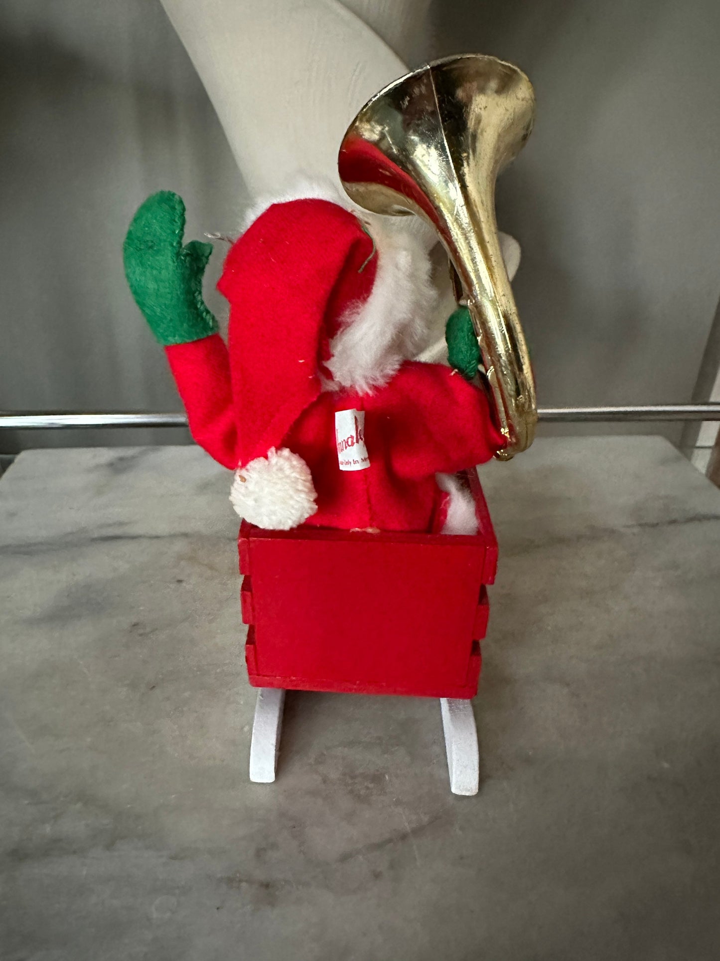 Vintage 1980’s Santa  in Wood Sleigh w/ Tuba Presents | Orogibal Tag Attached