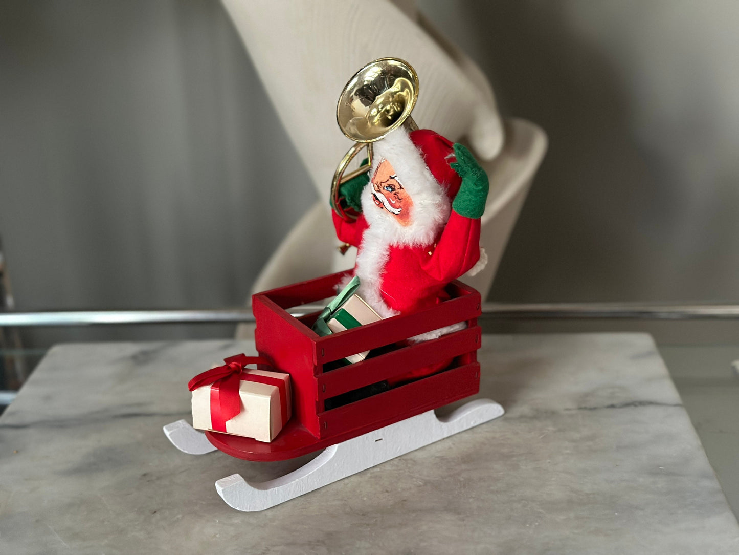 Vintage 1980’s Santa  in Wood Sleigh w/ Tuba Presents | Orogibal Tag Attached
