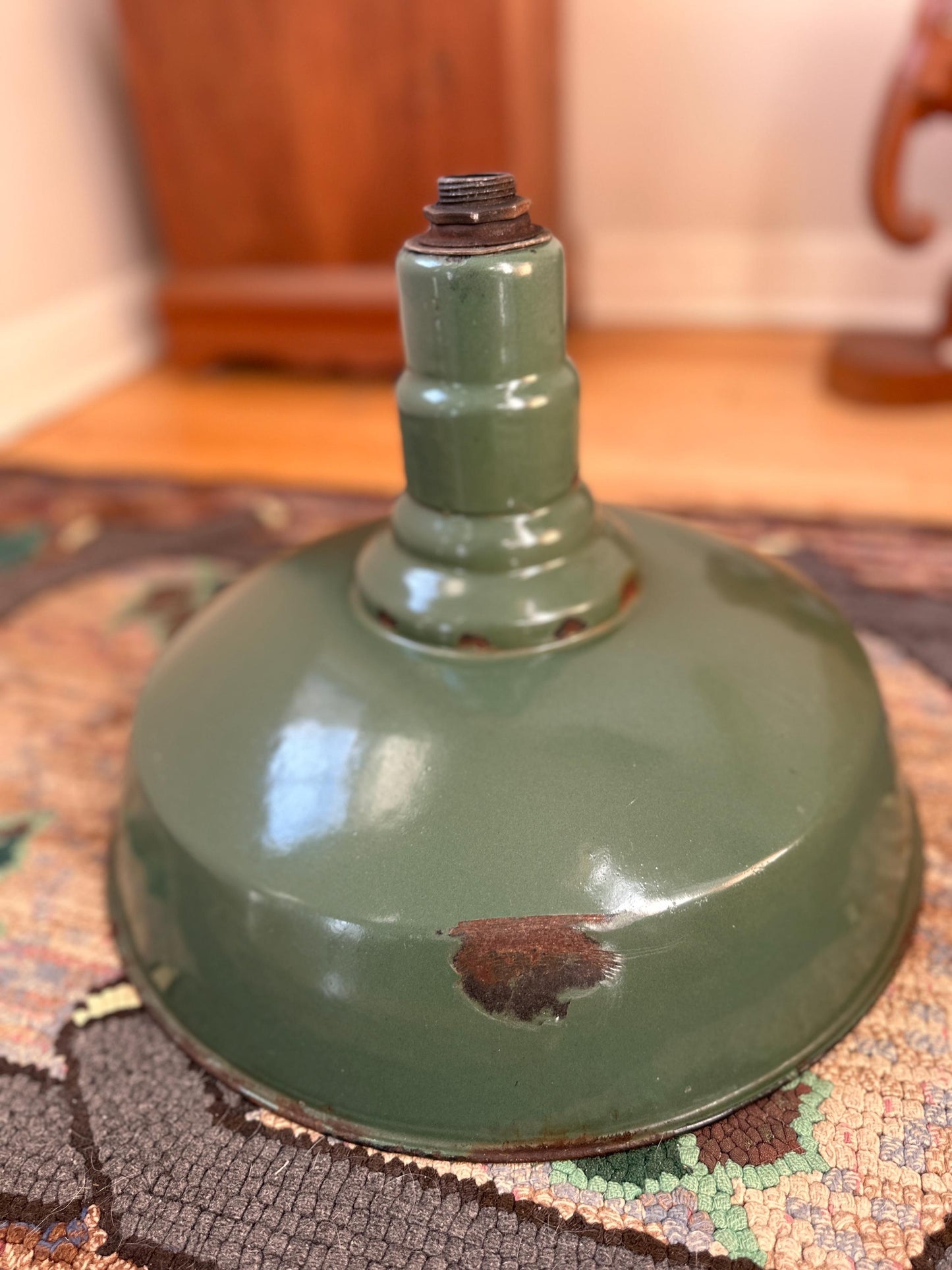 Vintage 1960s Dark Green Enamel Industrial Pendant Light (13.5” x 11.5”)