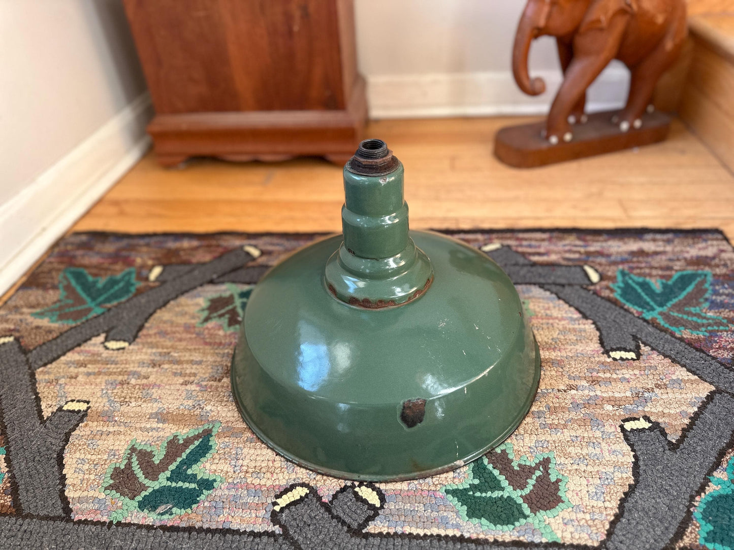 Vintage 1960s Dark Green Enamel Industrial Pendant Light (13.5” x 11.5”)