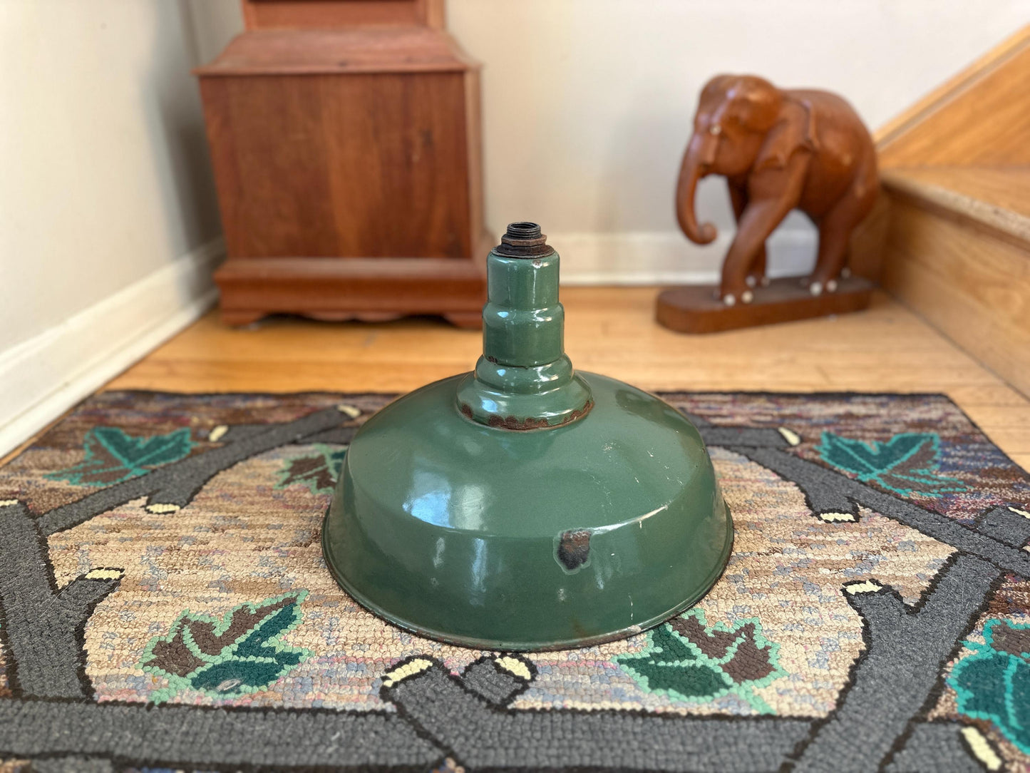 Vintage 1960s Dark Green Enamel Industrial Pendant Light (13.5” x 11.5”)