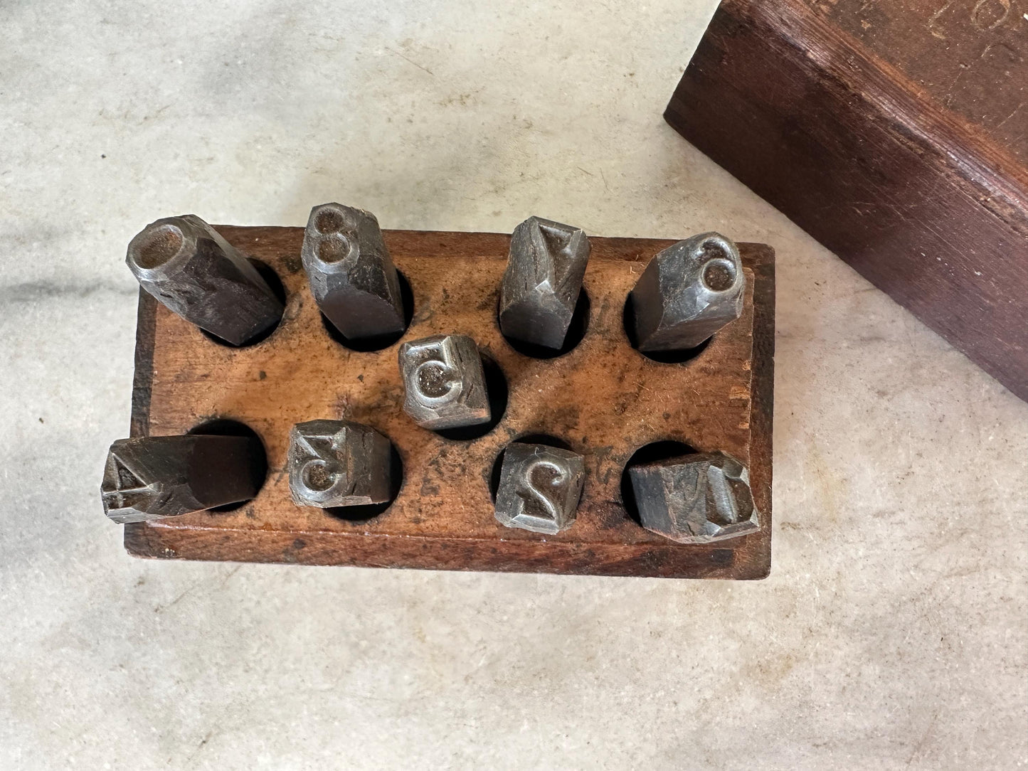 Antique Steel Number Stamp Set in Dovetailed Wood Case