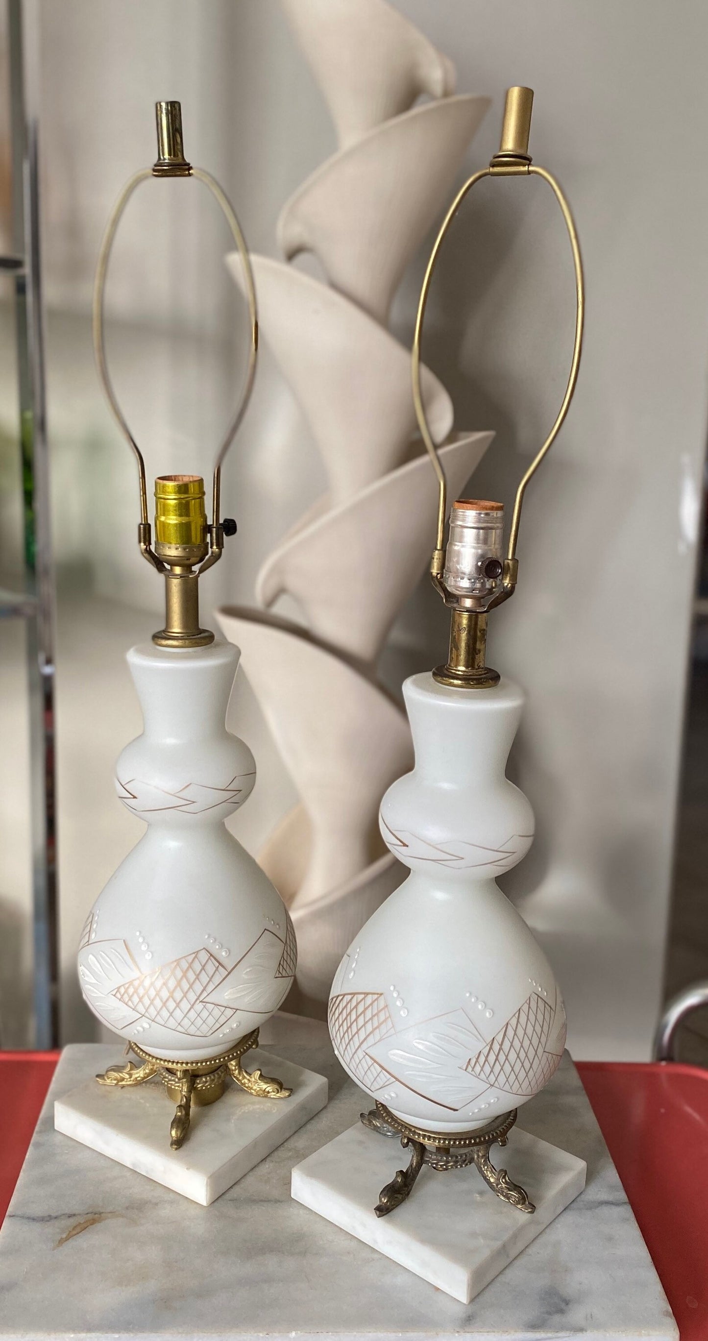 Vintage Frosted White Glass Table Lamp | Gold MCM Design, Brass Fish Base