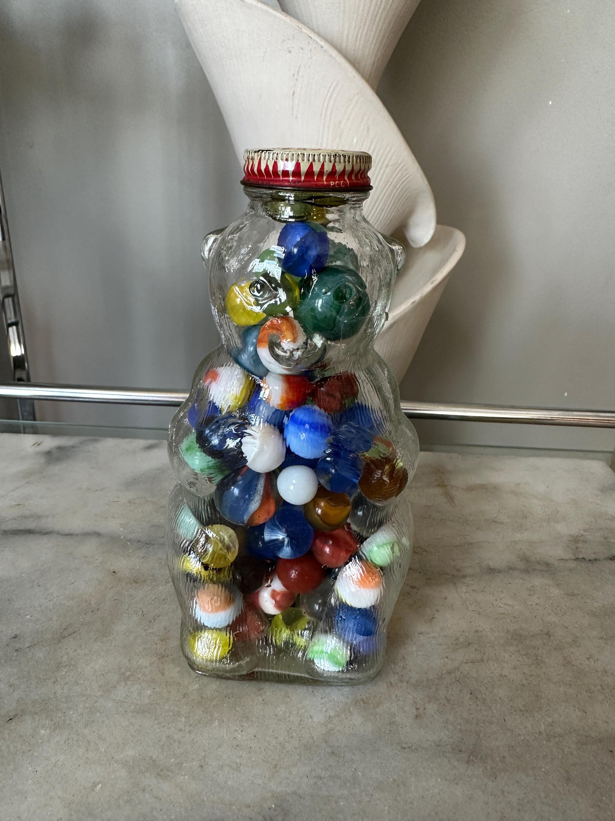 Vintage Snow Crest Bear Bottle Bank with Marbles – Salem, MA
