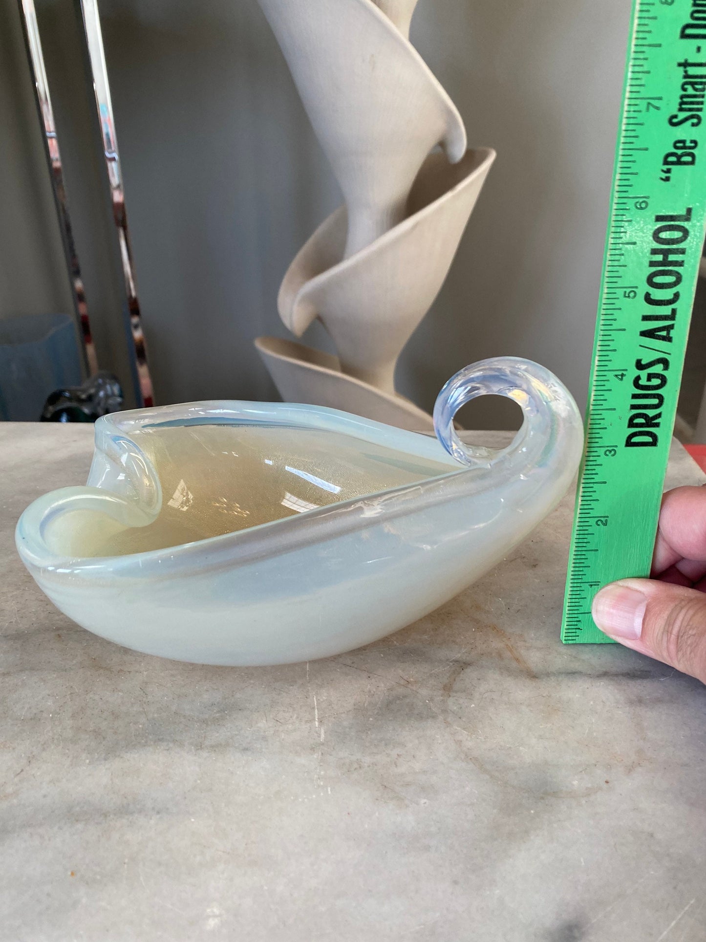 Vintage MCM Art Glass Bowl: White & Gold, Curled Handle (7.5” x 4”)