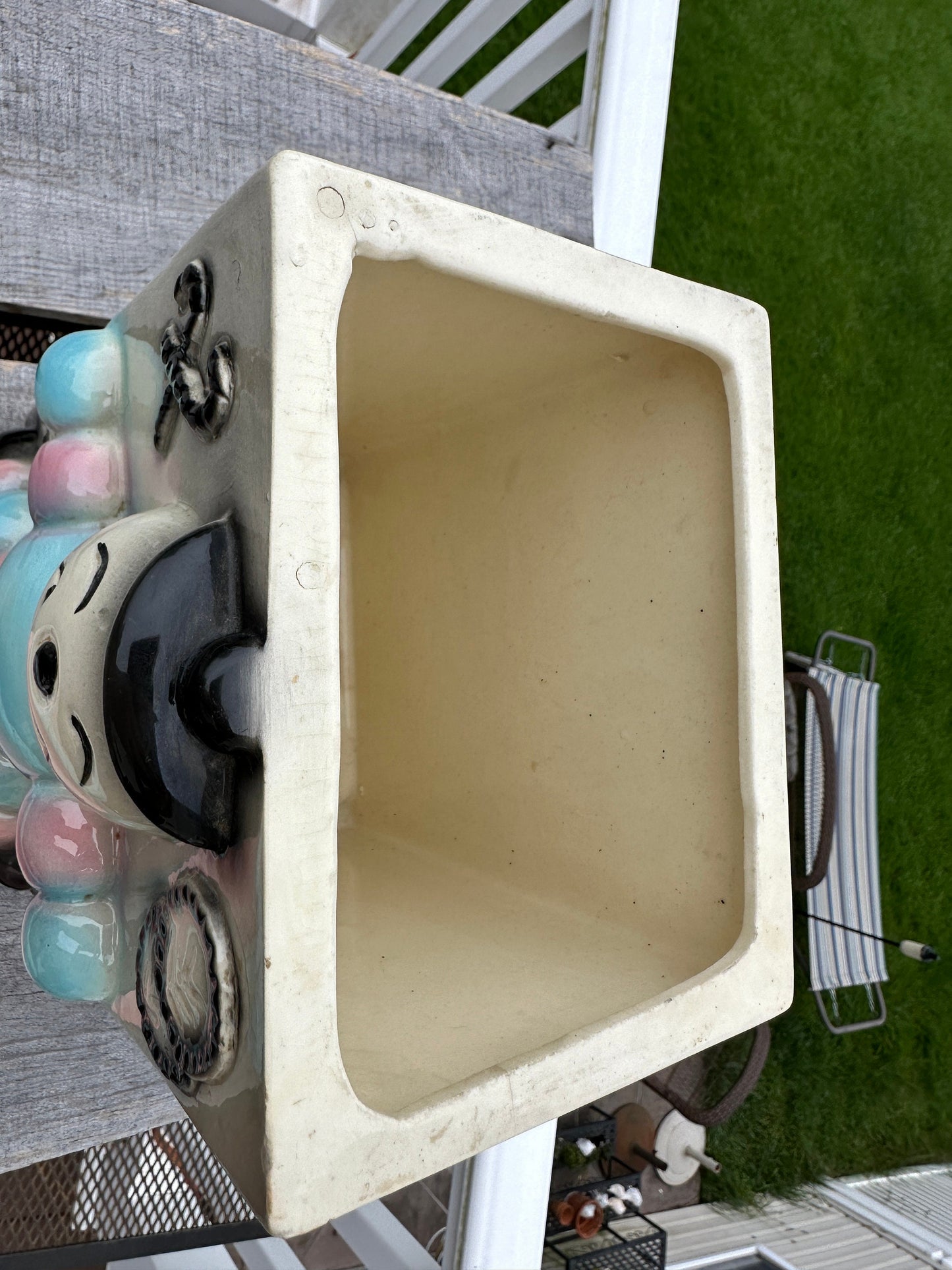 Vintage American Bisque Ugemach Candy Cane Baby Cookie Jar Blue Pink Gray Black